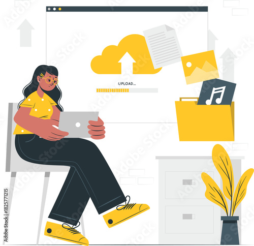 Woman manages cloud data with tablet