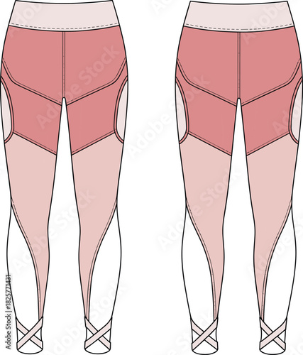 Modern activewear leggings technical flat sketch, stylish color-blocked women’s fitness pants design, sportswear fashion illustration for apparel production and branding