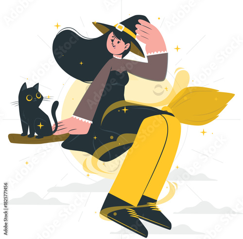 Witch flying on a broomstick with black cat, white