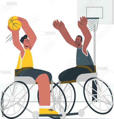 Two men in wheelchairs playing basketball