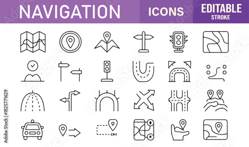 Minimal Line Icons of Navigation Featuring Maps, Pins, Arrows, Compass Tools, GPS Symbols, Routes, and Road Directions