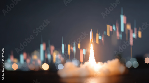 Powerful rocket launch concept with vibrant financial chart background represents rapid business growth, investment success and stock market