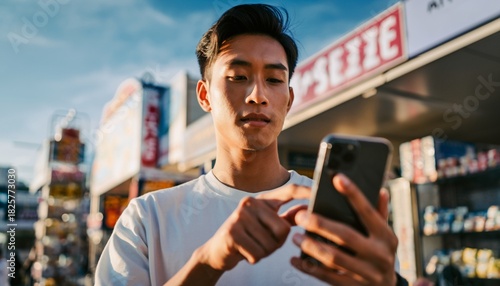 Close-up of a portrait of a young Asian man touching the screen with his smartphone in a bright modern convenience store.
