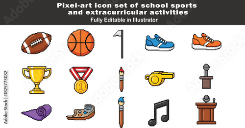 Pixel-art icon set of school sports and extracurricular activities in 2D flat vector style