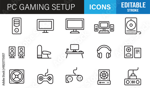 Stylish Minimal Icons for PC Gamers Featuring Tech Gear, Chairs, Controllers, Cooling Fans, Audio Devices, and Gaming Screens