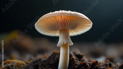 Incredible time lapse of a single mushroom growing from dark soil.