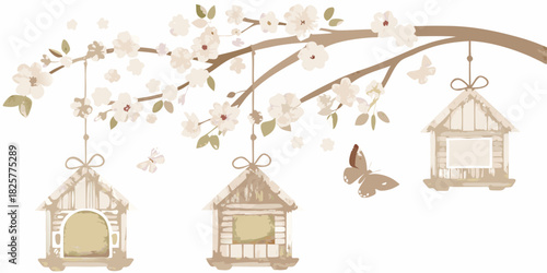 Watercolor cherry blossom branch with hanging birdhouses and butterflies illustration
