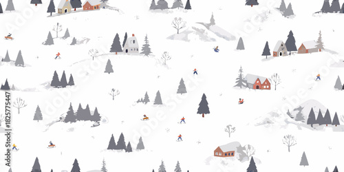 Winter landscape seamless pattern with skiers trees and houses in the snow