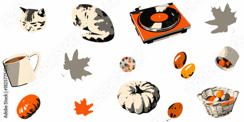 Cozy autumn still life with cat record player and pumpkins illustration