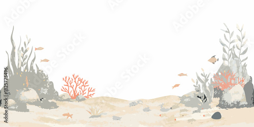 Watercolor underwater scene with coral fish and rocks on white
