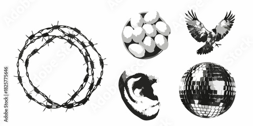 Monochrome still life featuring barbed wire eggs eagle ear and disco ball