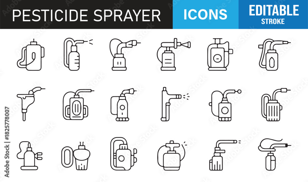 Fototapeta premium Clean Pesticide Sprayer Symbol Collection Featuring Farm Treatment Devices, Sprayers, Nozzles, Pressure Tanks, and Application Tools