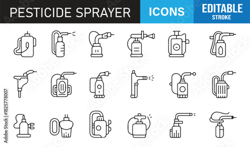 Clean Pesticide Sprayer Symbol Collection Featuring Farm Treatment Devices, Sprayers, Nozzles, Pressure Tanks, and Application Tools