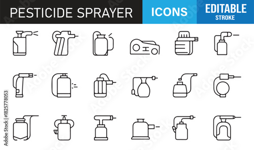 Vector Icon Set Depicting Agricultural Sprayers Including Handheld Bottles, Backpack Tanks, Spray Nozzles, and Chemical Tools