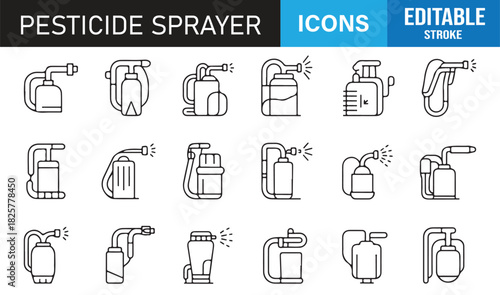 Minimal Line Icons of Pesticide Sprayers Featuring Tanks, Nozzles, Handheld Units, Backpack Sprayers, Bottles, and Agricultural Tools