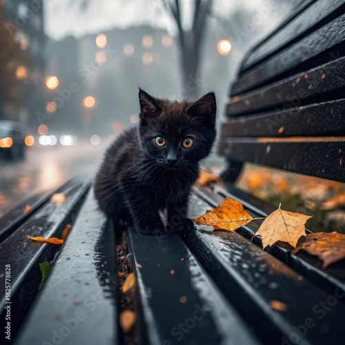 Fototapeta Naklejka Na Ścianę i Meble -  Adorable small black kitten with large innocent eyes sitting on a wet park bench in autumn