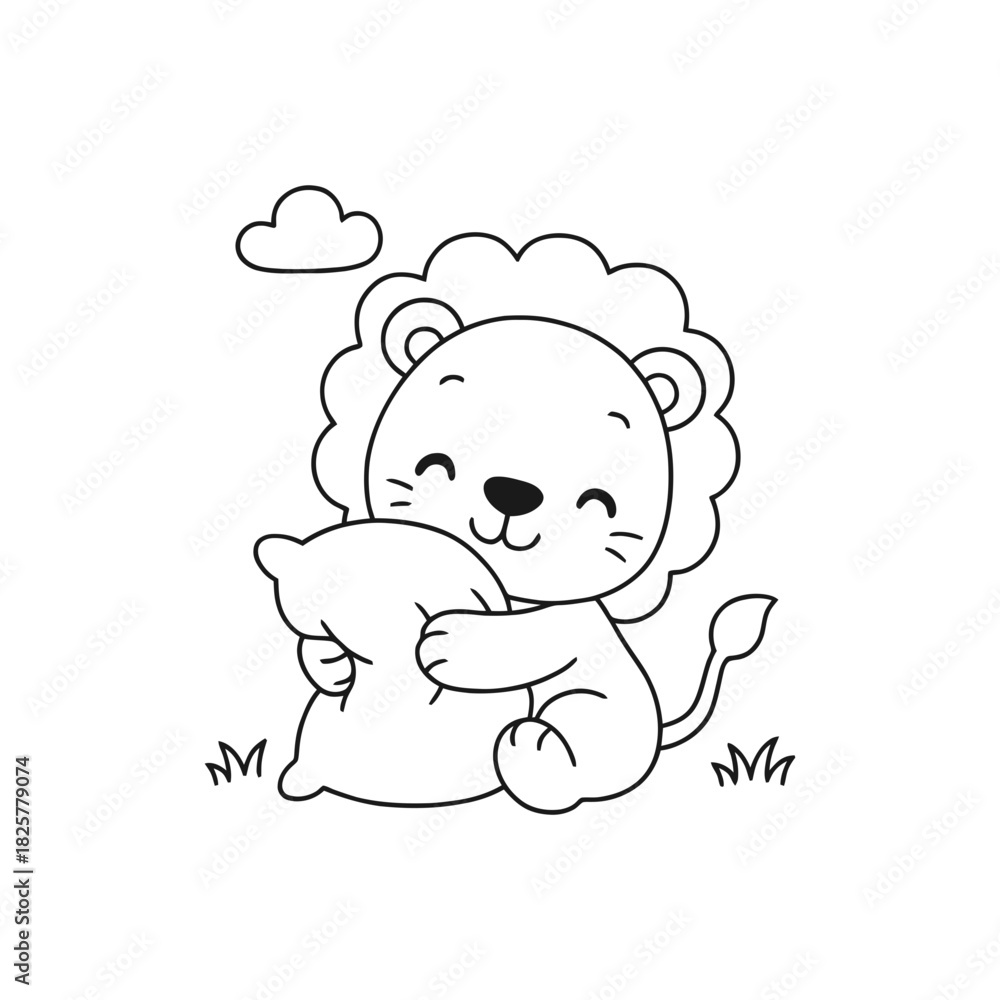 Fototapeta premium cute cartoon lion cub hugging heart balloon in soft pastel illustration