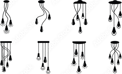 Set of modern hanging multi-bulb pendant chandeliers vector designs with adjustable cord lengths, suitable for contemporary interior decoration, home lighting graphics, and ceiling fixture catalogs.