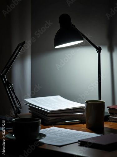 Desk lamp illuminates late-night work or study, papers and coffee cup, focus in the darkness,  caffeine,  lamp