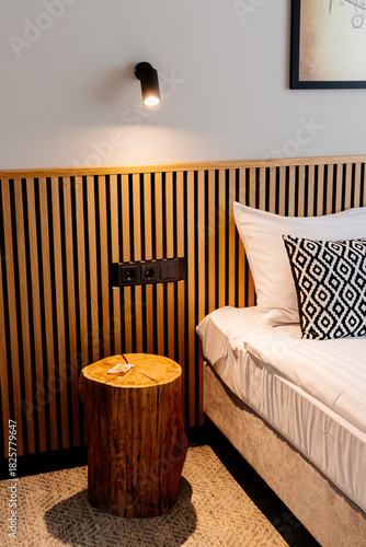 Beautiful modern room with brown acoustic wall panels. Modern hotel bathroom. Modern stylish hotel. Interior of a modern apartment.