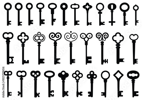 Antique And Modern Key Silhouettes In Medieval And Vintage Styles, Featuring Black Icon Shapes Symbolizing Security, Privacy, And Escape In A Clean Minimal Vector Illustration Set