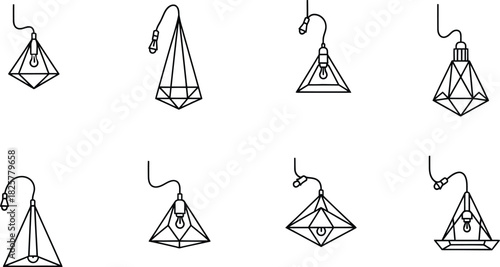 Collection of hanging geometric diamond-shaped pendant lights vector designs, featuring wireframe contours and visible bulbs, suitable for modern interior decoration, abstract architectural graphic.