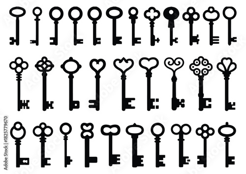 Antique And Modern Key Silhouettes In Medieval And Vintage Styles, Featuring Black Icon Shapes Symbolizing Security, Privacy, And Escape In A Clean Minimal Vector Illustration Set