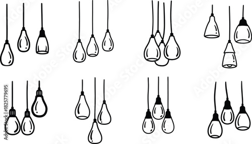Hanging teardrop and pear-shaped modern pendant lights vector designs, featuring different glass and bulb styles, perfect for interior design, home decor graphics, and electrical diagrams.