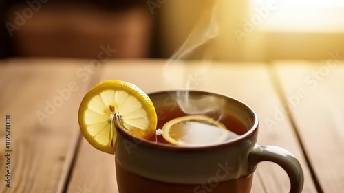 Steaming Hot Cup of Tea with Lemon on a Wooden Table.