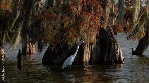 Egret, Spanish Moss on Bald Cypress and Tupelo Trees in the Martin/Caddo Lake 