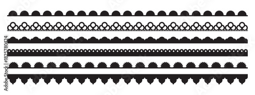 Vector scallop edge collection with perforated lace trim patterns. Elegant black borders featuring semicircular scalloped shapes and eyelet details for decorative framing and design projects.
