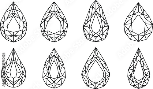 Set of eight geometric teardrop-shaped gemstone and diamond cut vector designs, featuring various facets and brilliant contours, perfect for jewelry illustration, logo design, and abstract decorative.