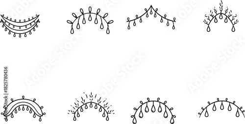 Set of eight decorative string light vector elements with hanging teardrop accents, versatile for banners, borders, wedding arches, and holiday ornamentation in a hand-drawn doodle style.