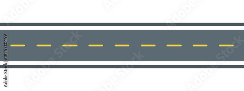 Straight road flat line illustration. Vector outline pictogram of a horizontal asphalt highway with yellow dashed center lane markings and white borders, direct travel route and journey path.