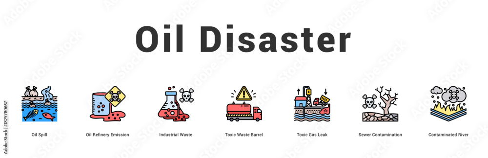 Naklejka premium Oil Disaster Modern and clean web banner illustration featuring thematic icons for visual communication