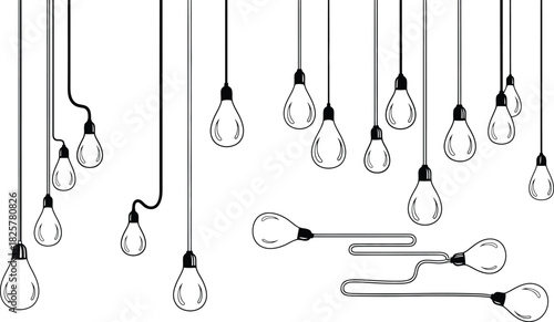 Collection of hanging retro edison light bulbs set on long electric wires for modern interior design, decoration, and creative graphic projects.