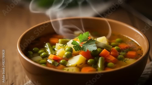 Steaming Hot Vegetable Soup in a Wooden Bowl on a Rustic Table.
