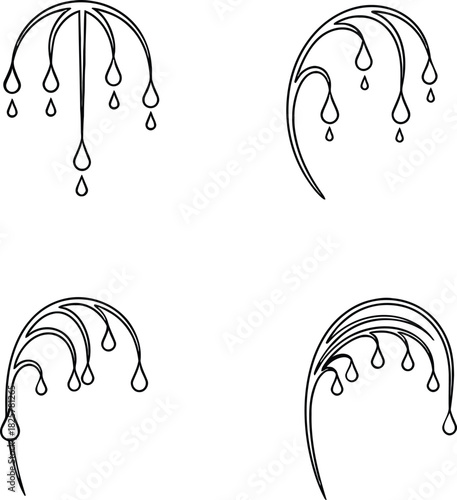 Collection of abstract weeping willow branches or chandelier elements set with flowing lines and teardrop shapes for elegant decorative design and graphic art.