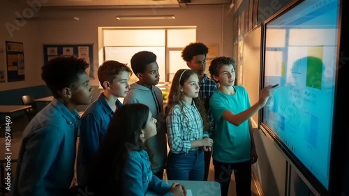 Students Gather Around Interactive Whiteboard for Collaborative Learning.