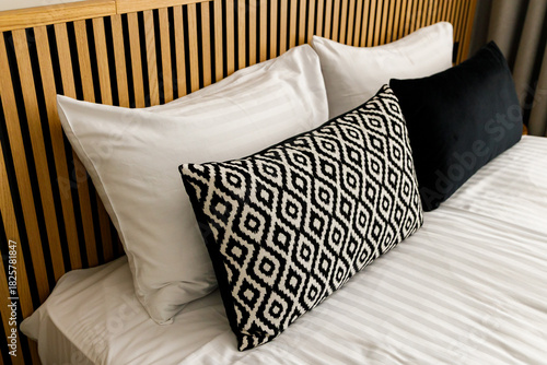 Beautiful modern room with brown acoustic wall panels. Modern hotel bathroom. Modern stylish hotel. Interior of a modern apartment.