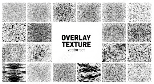 Overlay texture set. Different types of texture stamps (damaged, paint, old, concrete and other). Vector collection urban grunge overlay. Paint texture with spray effect and drop ink splashes. Vector