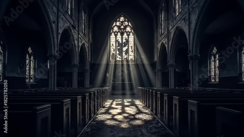 Stunning Gothic Church Interior with Light Beams and Stained Glass.