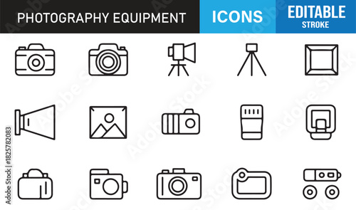 Clean Photography Symbol Collection Including Shooting Gear, Camera Tools, Light Stands, Reflectors, Backdrops, and Imaging Elements