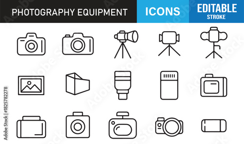 Modern Outline Photography Icon Pack Showing Camera Bodies, Lenses, Flashes, Stands, Bags, Screens, and Professional Studio Tools