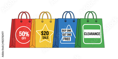 A line of shopping bags with Black Friday discounts and clearance offers