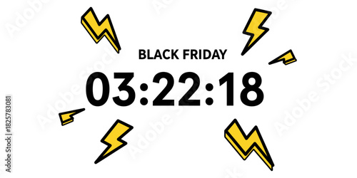 A minimalist, high-energy vector illustration featuring a digital countdown to the Black Friday shopping event. The large numbers 03:22:18 indicate the remaining time (e.g., hours:minutes:seconds).