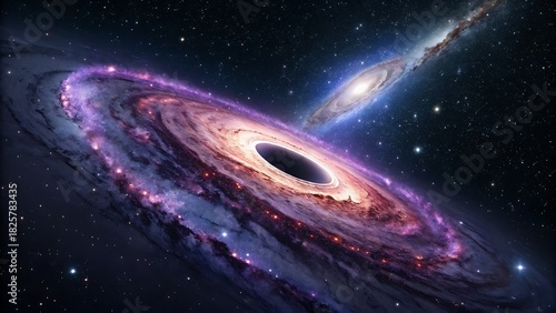 A vibrant spiral galaxy with a central black hole, surrounded by countless stars and nebulae, observed in the vast, dark, starfilled universe