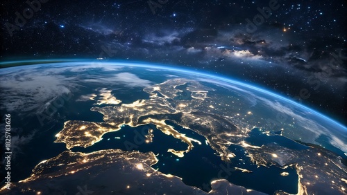 The majestic planet earth observed from space at night, revealing the intricate network of city lights illuminating europe and parts of africa