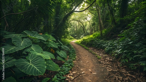 A winding dirt path through a vibrant, dense tropical forest, large green leaves in foreground, soft sunlight filtering through canopy