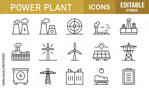 Clean Power Plant Symbol Collection Featuring Renewable Energy Icons, Industrial Factories, Towers, Batteries, and Energy Production Tools
